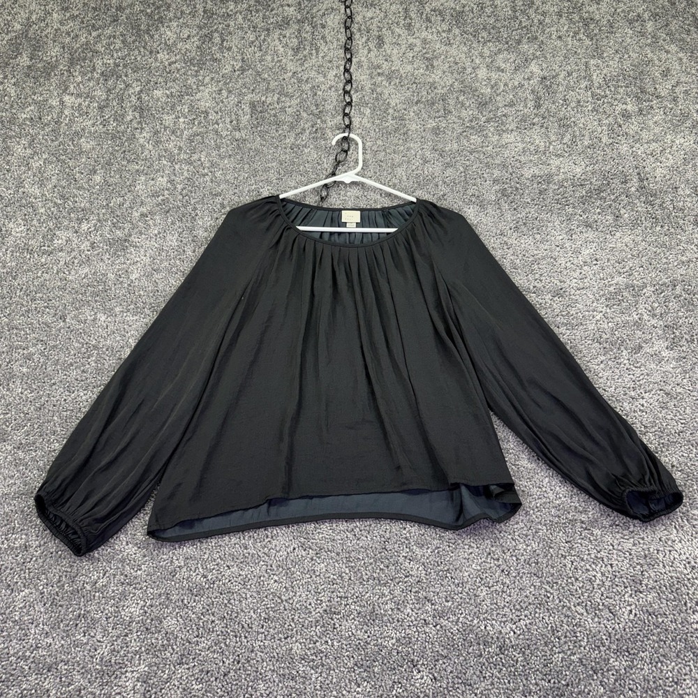A New Day Blouse Womens Medium Black Balloon Sleeve Pleated Round Neck Casual
